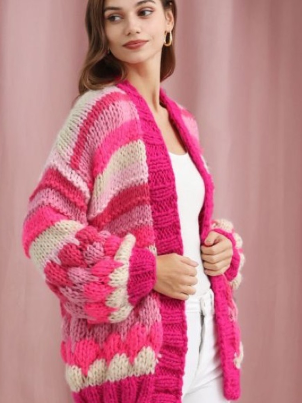 Entro new Chunky Pink Striped Open knit Cardigan Sweater medium
